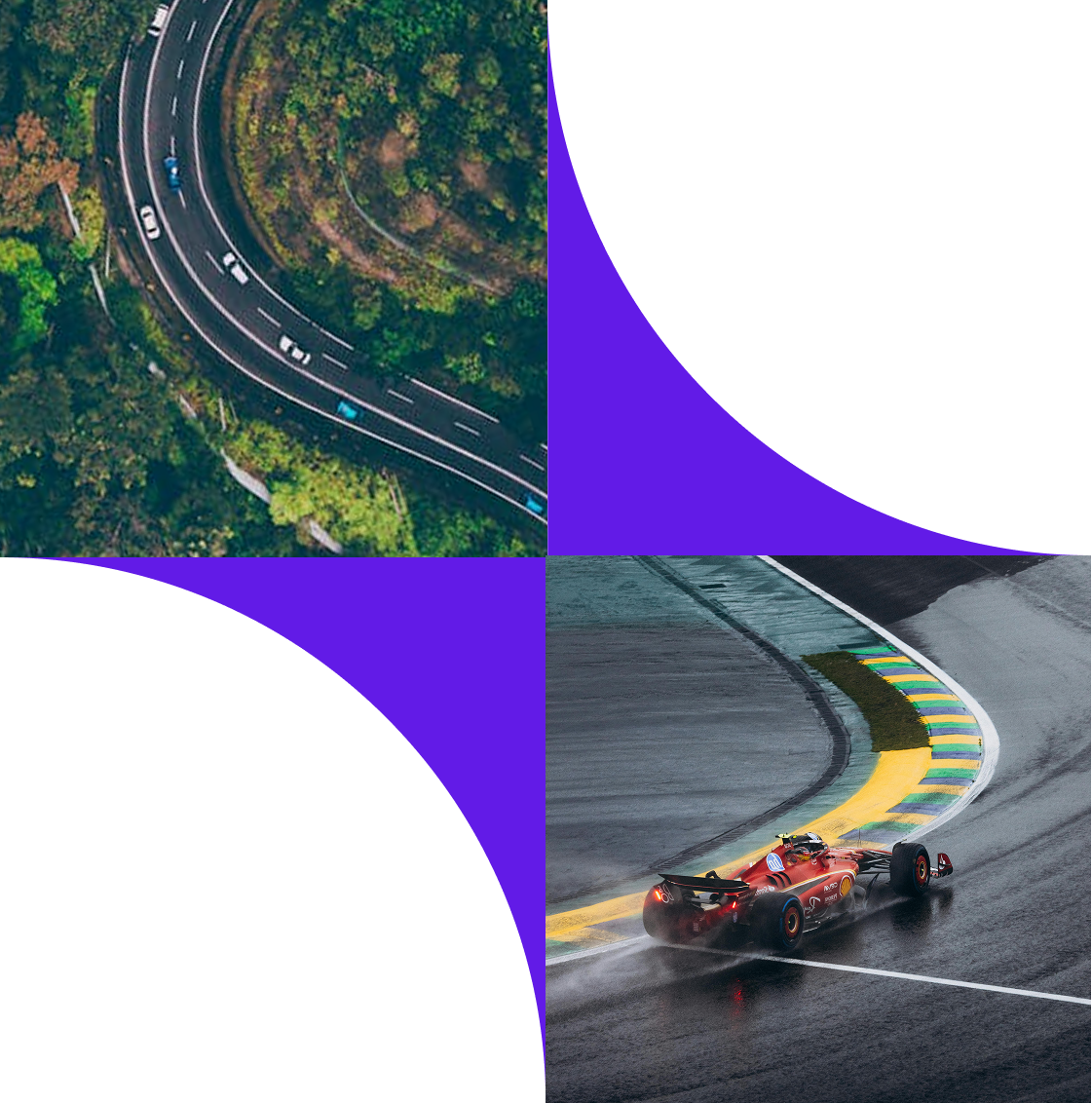 Aerial view with winding road and city lights